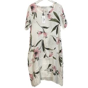 Floral Linen Dress with Pink and Green Accents